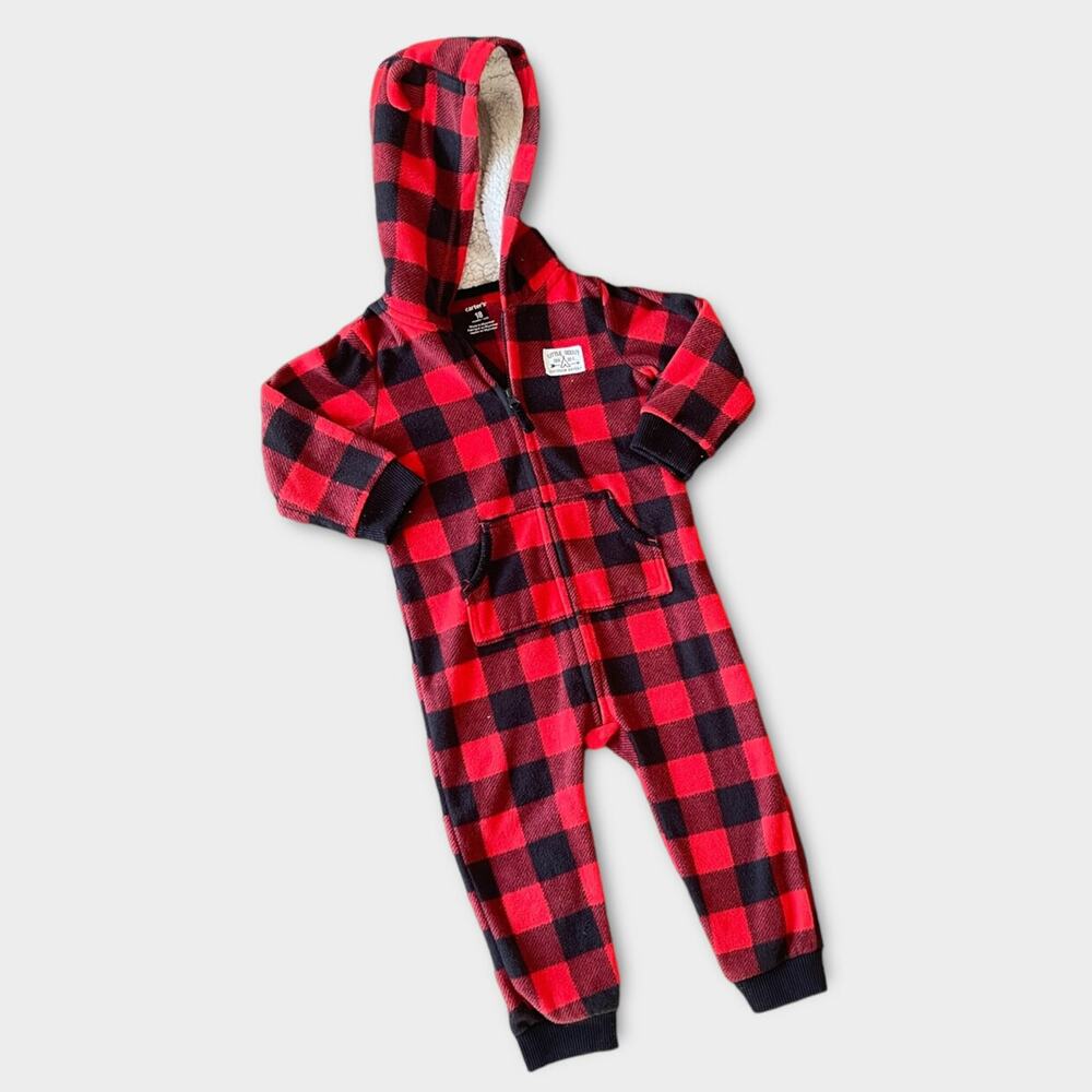 Carter’s 1-Piece Red & Black Plaid Fleece Pajama Suit 18mos Cozy Baby Outfit